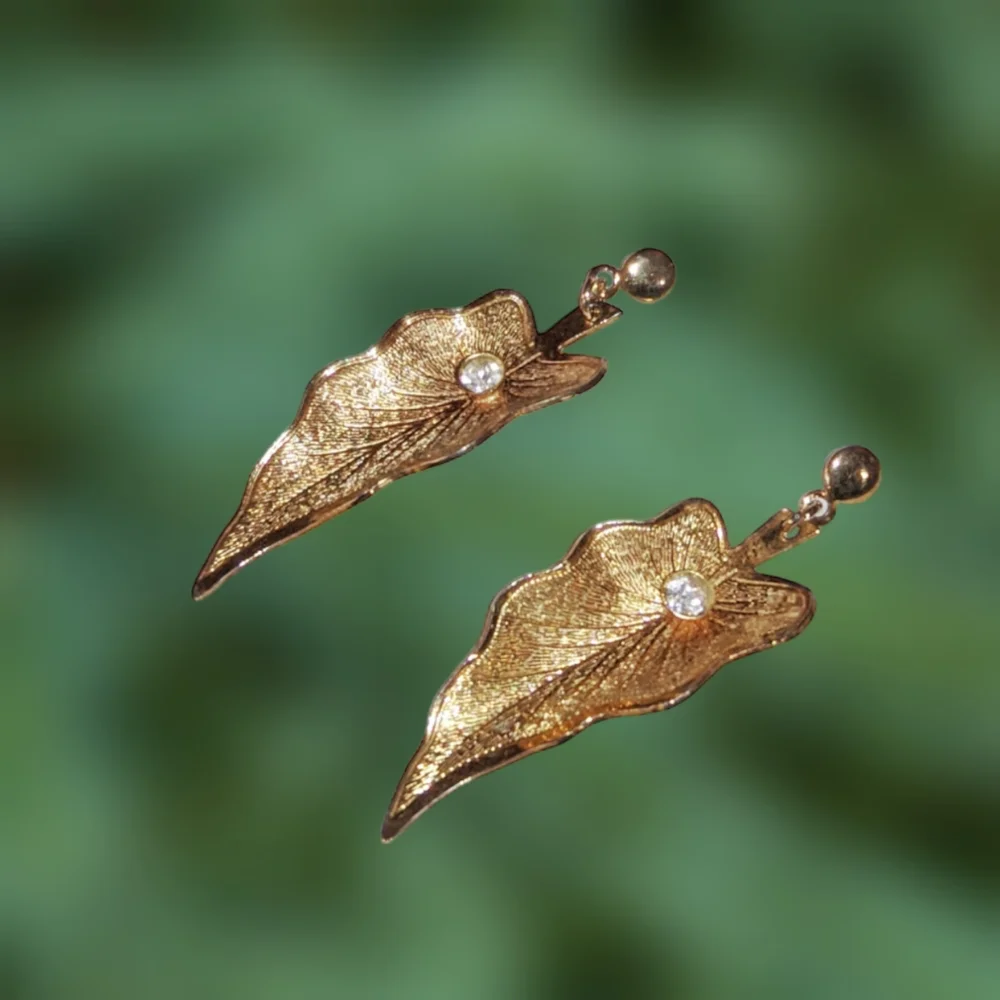 Leaf Shaped Gold Tone Earrings w/Clear